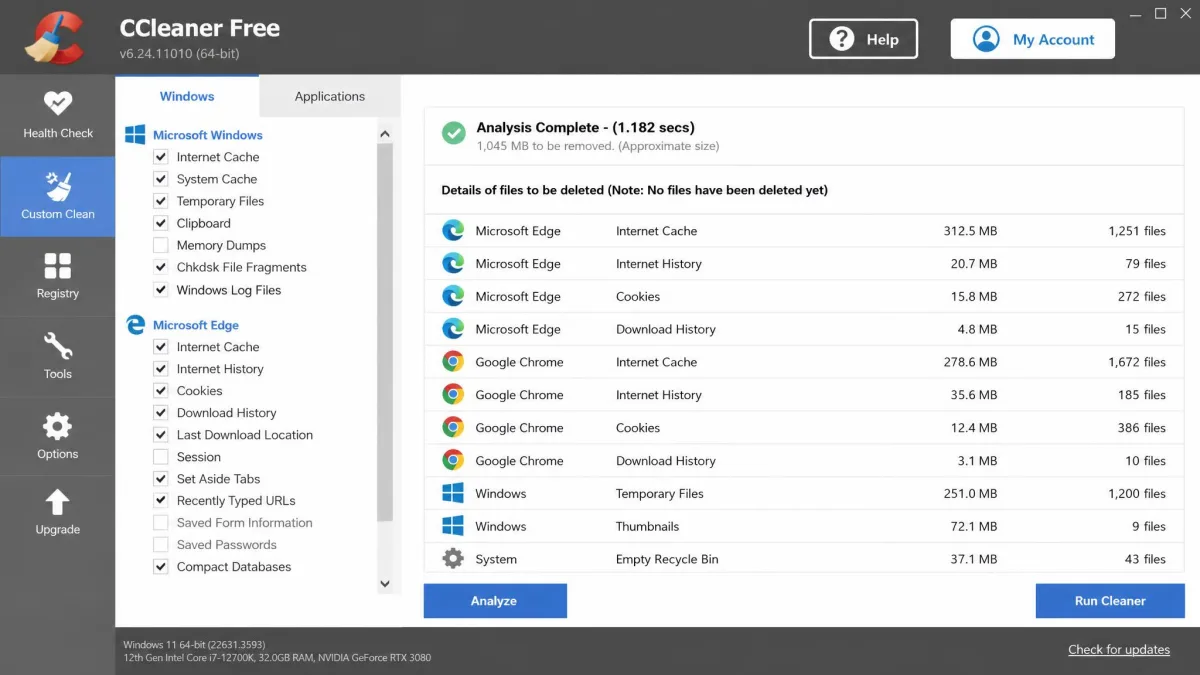 CCleaner's Custom Clean screen after an analysis run, with the Windows and Applications tabs on the left and browser cache, temporary file and thumbnail cache results listed with megabyte totals.