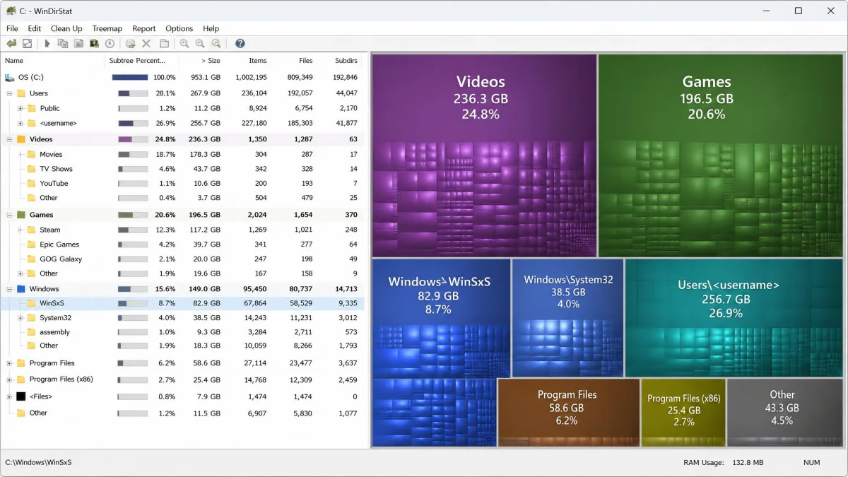 A disk-space visualizer treemap of a Windows C: drive, with large coloured blocks for a video folder, a games directory and the Windows component store, and a directory size list on the left.