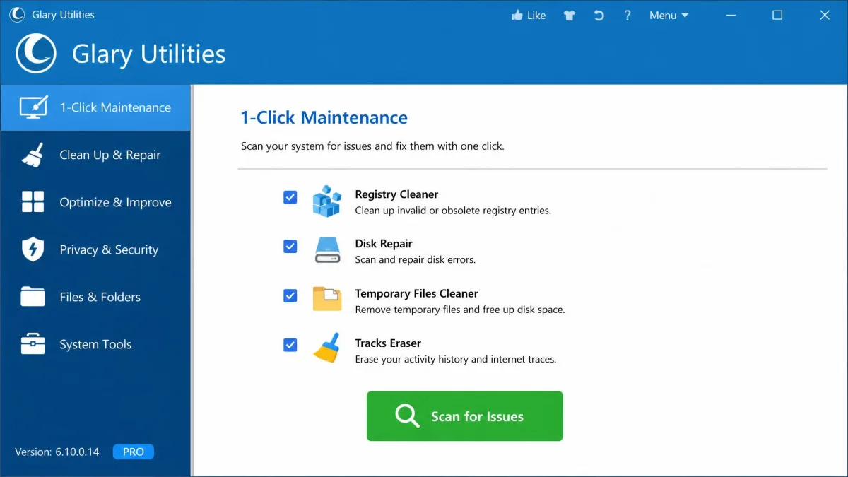 Glary Utilities' 1-Click Maintenance tab on Windows, with checkboxes for registry cleaner, disk repair, temporary files and tracks eraser above a green Scan for Issues button.