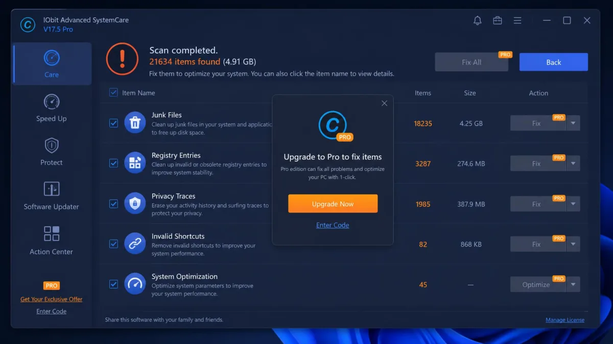 IObit Advanced SystemCare's scan results list on Windows 11, showing junk files, registry entries and privacy traces found, with several fix options greyed out behind a Pro upgrade prompt.