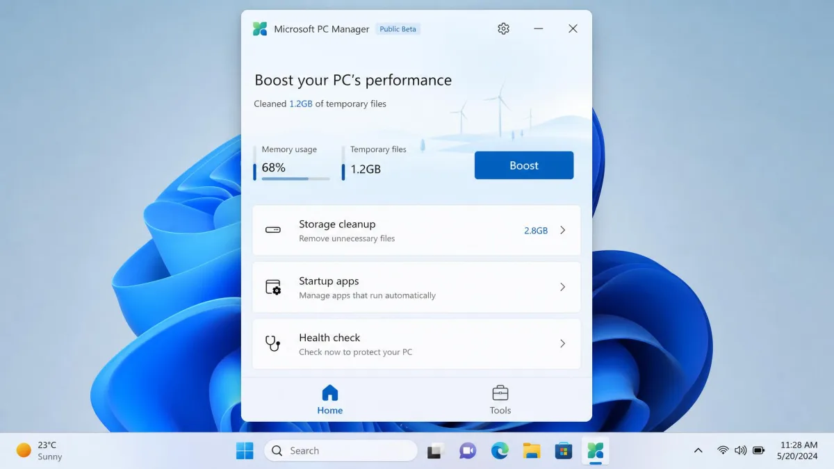 Microsoft PC Manager's dashboard on Windows 11 showing the large Boost button, memory usage percentage, and tiles for Storage cleanup, Startup apps and Health check.