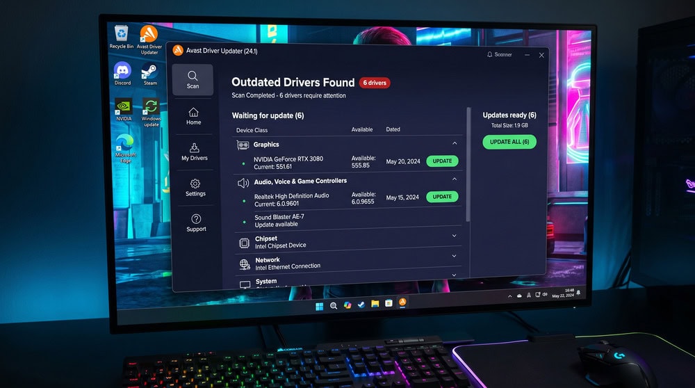 Avast Driver Updater dashboard on a gaming PC showing graphics and audio drivers queued for update.