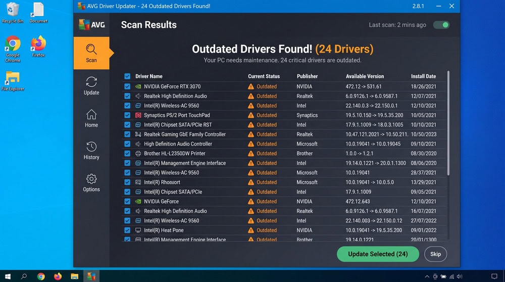 AVG Driver Updater scan screen showing many outdated drivers found, with an Update Selected button.