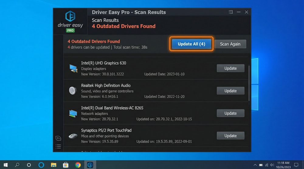 Driver Easy Pro on Windows 10 with the Update All button highlighted above a list of outdated drivers.