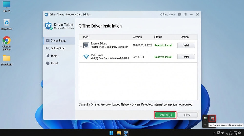 Driver Talent Network Card edition on an offline Windows PC, offering to install a pre-downloaded Ethernet and Wi-Fi driver.
