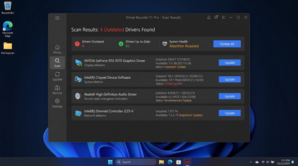 Driver updater scan-results screen on Windows 11 listing outdated GPU, chipset, and audio drivers with version numbers.