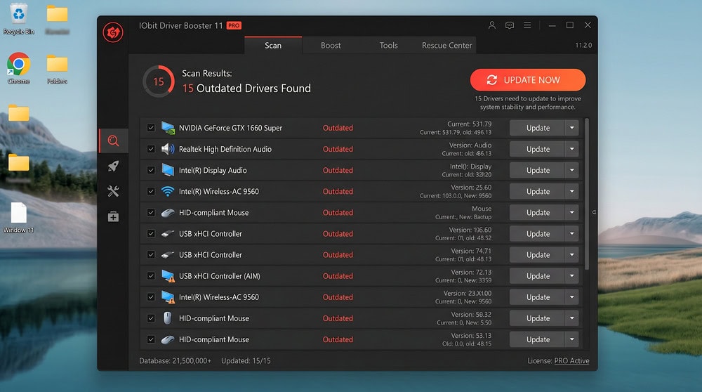 IObit Driver Booster main window after a scan, showing outdated drivers and an Update Now button.