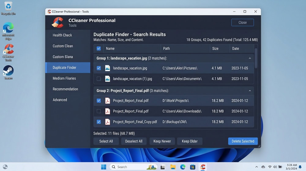 CCleaner Duplicate Finder on Windows 11 showing grouped duplicate files matched by name, size, and content with deletion checkboxes.