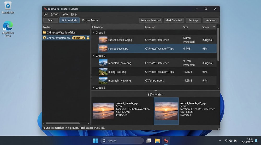 dupeGuru picture mode on Windows listing visually similar photos with match-percentage scores and a protected reference folder.