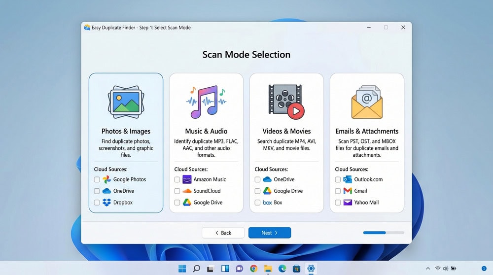 Easy Duplicate Finder wizard on Windows 11 presenting scan-mode tiles for photos, music, videos, and email with cloud sources listed.