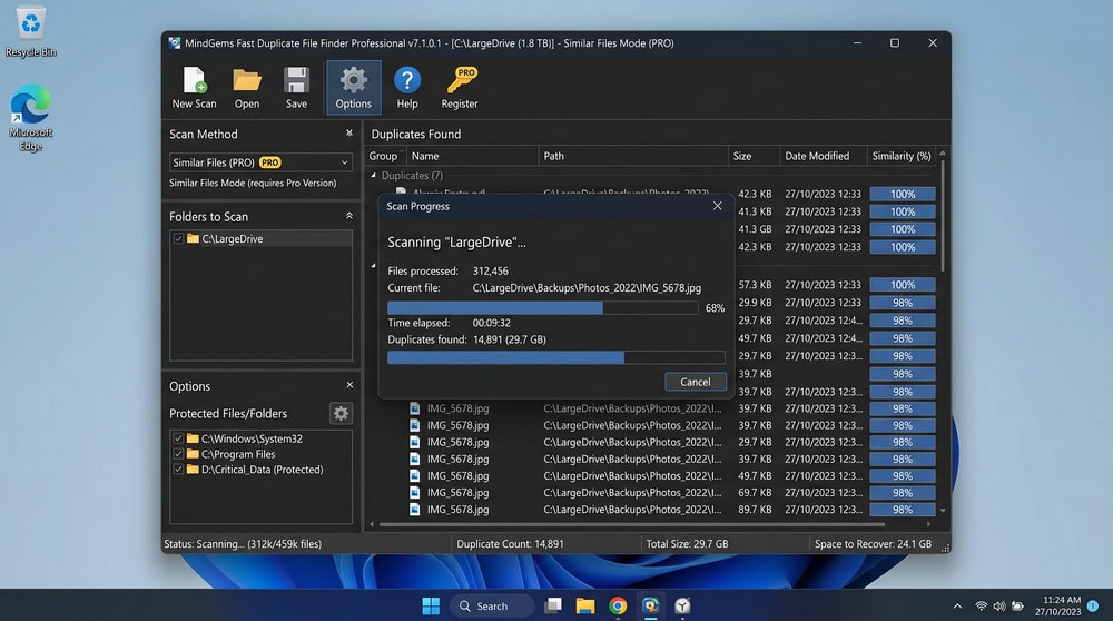 MindGems Fast Duplicate File Finder on Windows 11 scanning a large drive with a protected-files list and Similar Files mode marked as Pro.