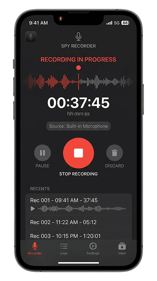 audio recording screenshot of the uMobix eavesdropping app