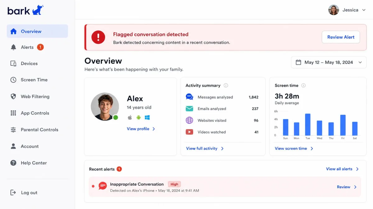 The Bark parent dashboard showing an alert about a flagged conversation.