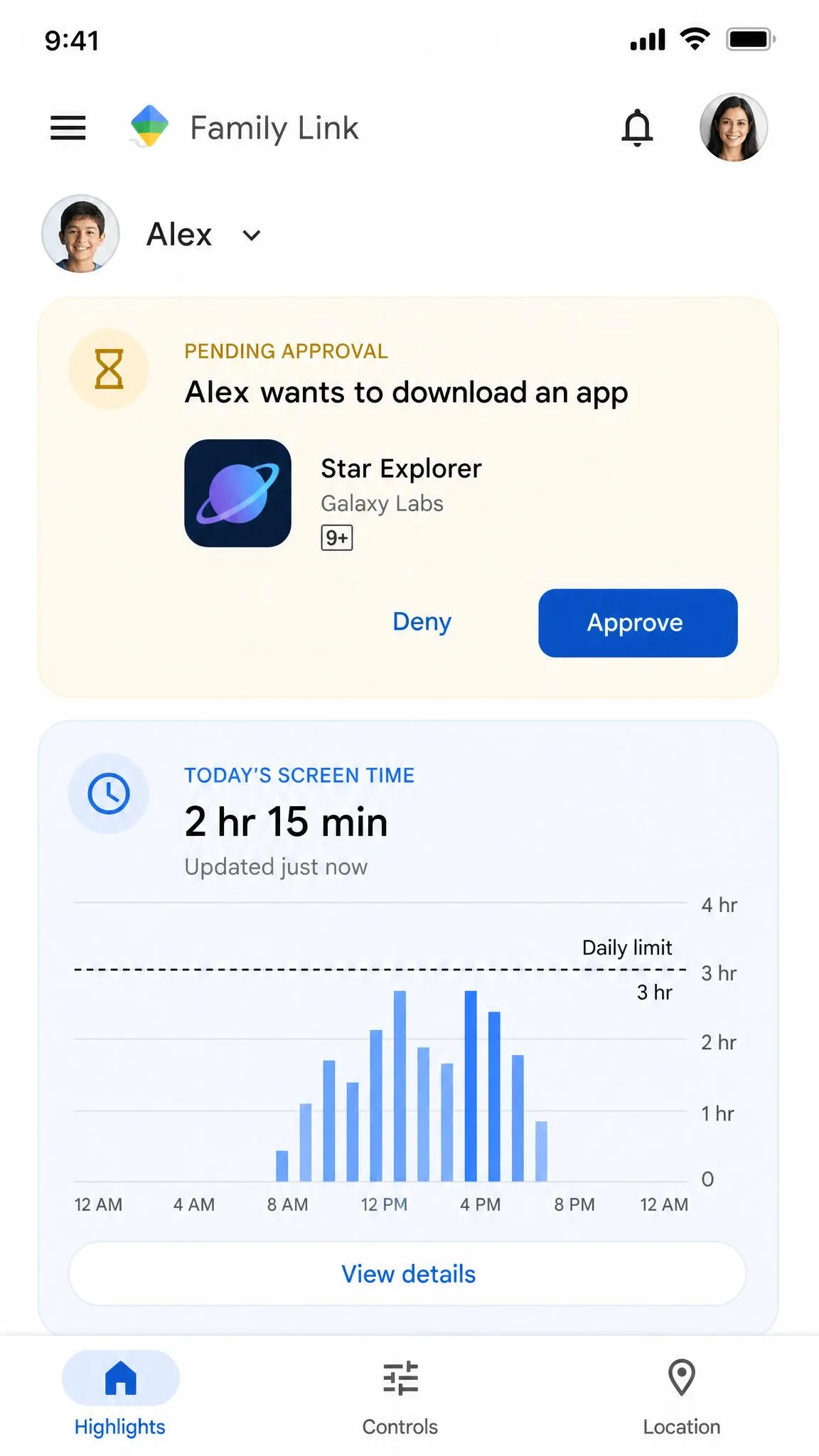 The Family Link parent view showing a pending app approval and the child's daily screen time.