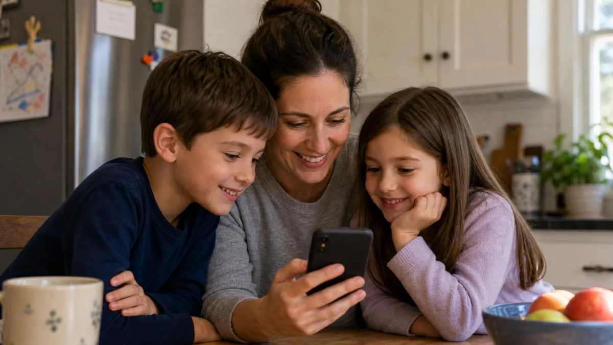 A parent and two children looking at a phone screen together at the kitchen table.