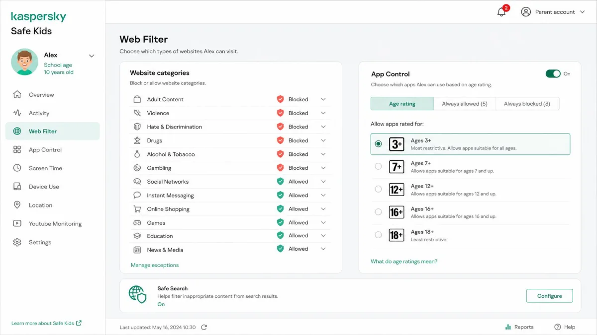 The Kaspersky Safe Kids parent console showing web filtering categories and app controls by age rating.