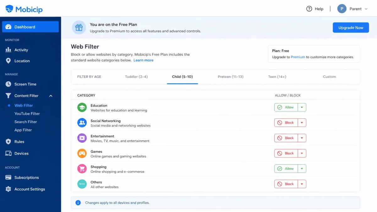 The Mobicip parent dashboard with free-plan web filter settings open.