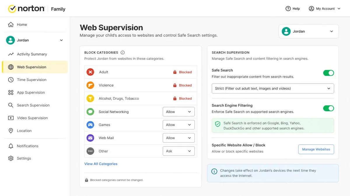 The Norton Family web supervision screen with its block categories and search supervision settings.