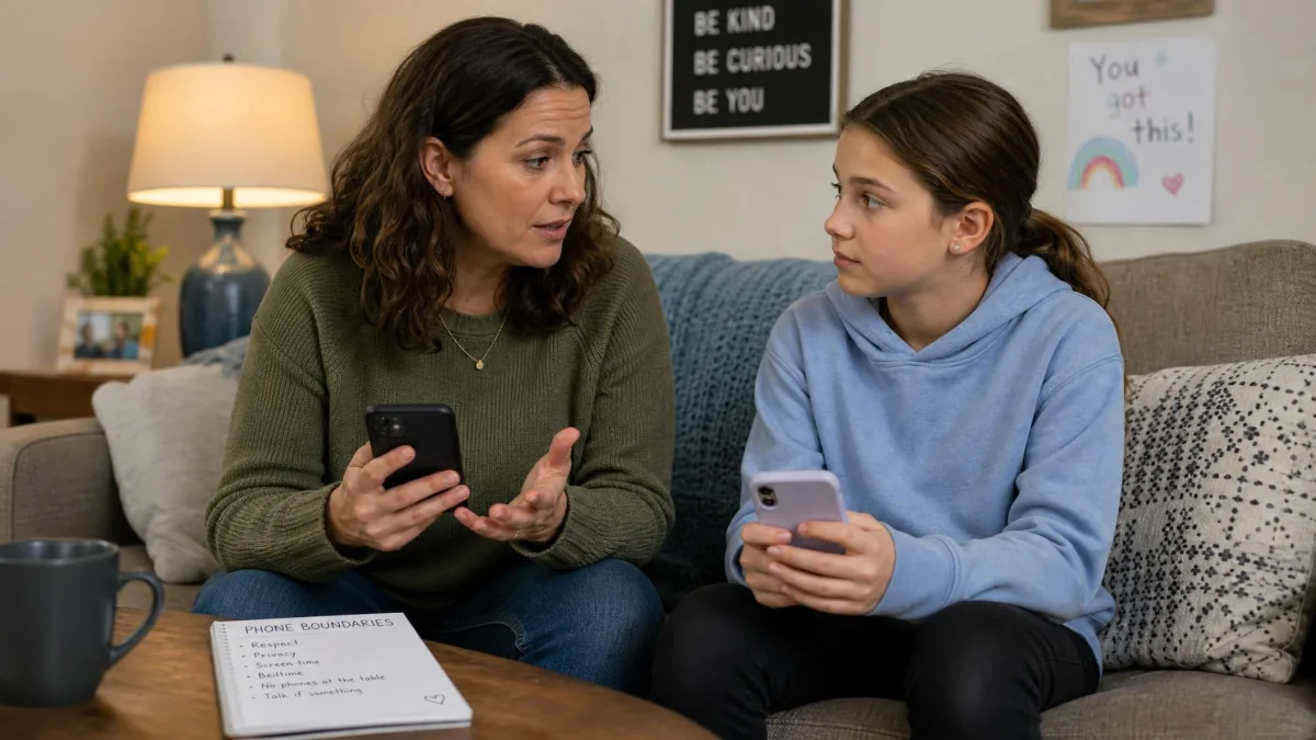 A parent talking with a preteen about phone boundaries while both hold their own phones.