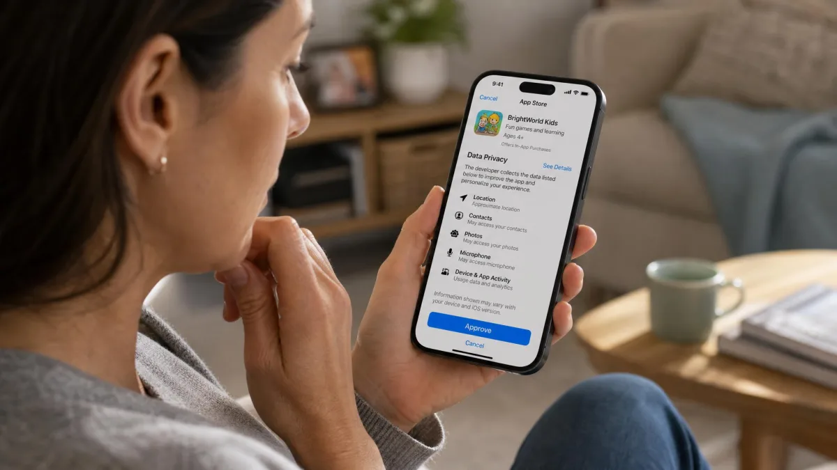 A parent reading the permissions and privacy settings on a phone before approving an app install.