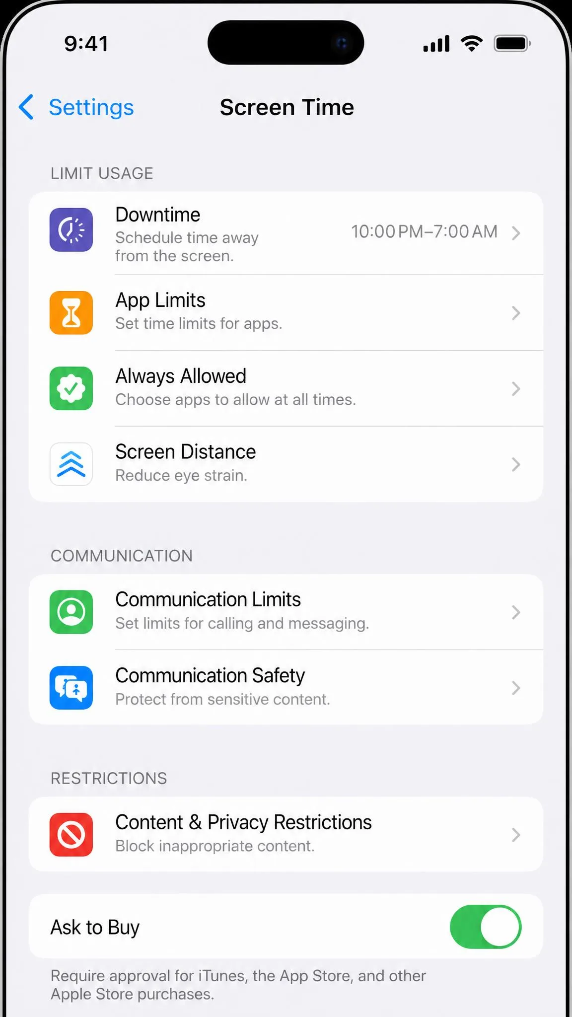 The Screen Time settings on an iPhone showing the Downtime schedule and Ask to Buy toggle.