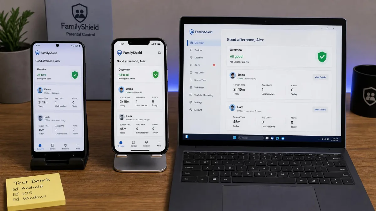 A test bench with an Android phone, an iPhone, and a Windows laptop, each running a parental control app.