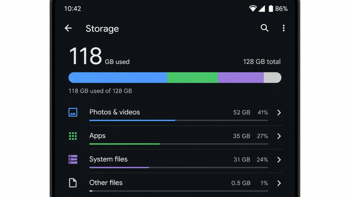 Android Settings storage screen on a phone showing 118 GB of 128 GB used, with a breakdown bar for photos, apps, and system files, taken before any cleaner app was installed.