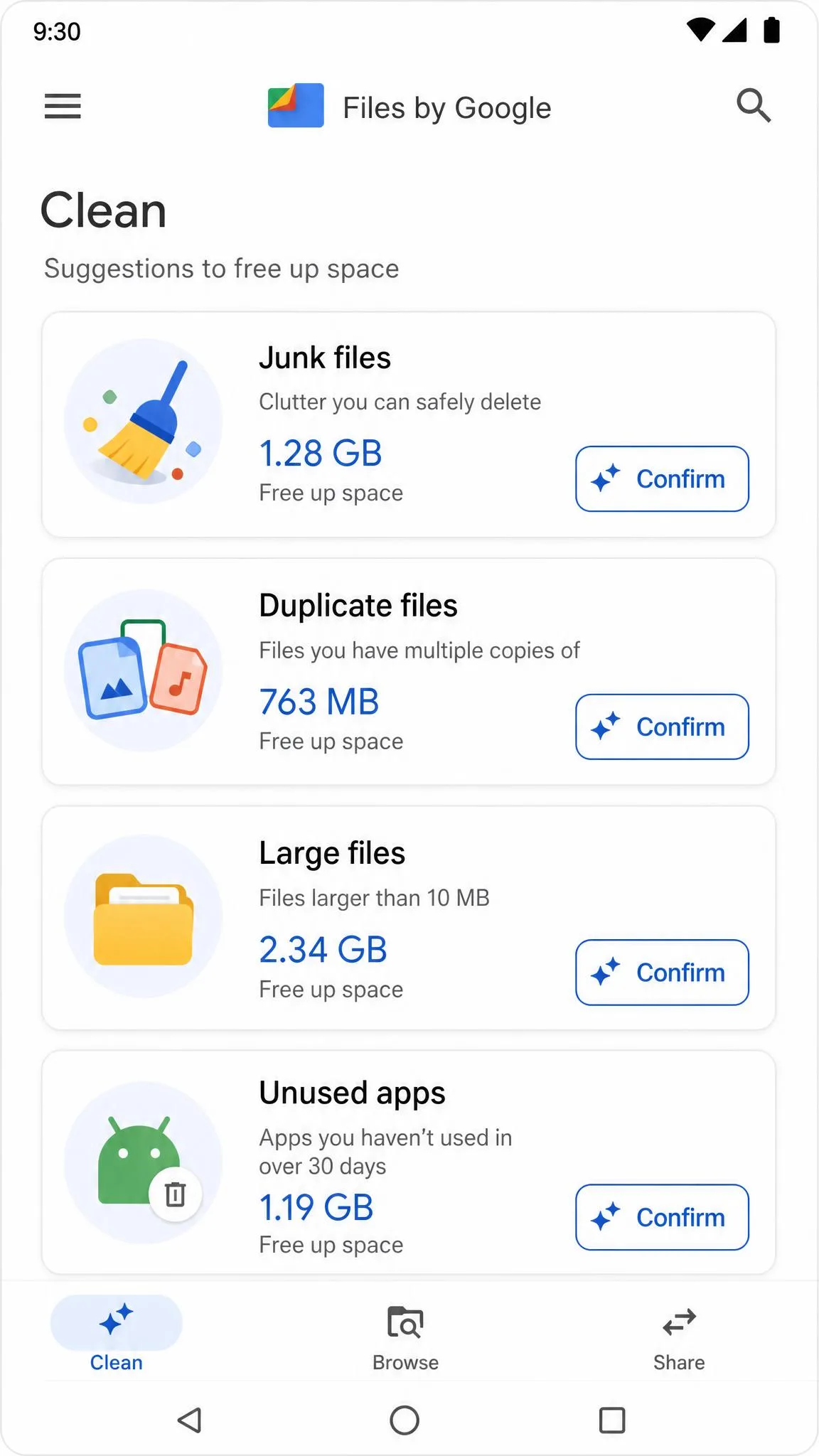 Files by Google Clean tab showing suggestion cards for junk files, duplicate files, large files and unused apps, each with a free-up-space size and a confirm button.