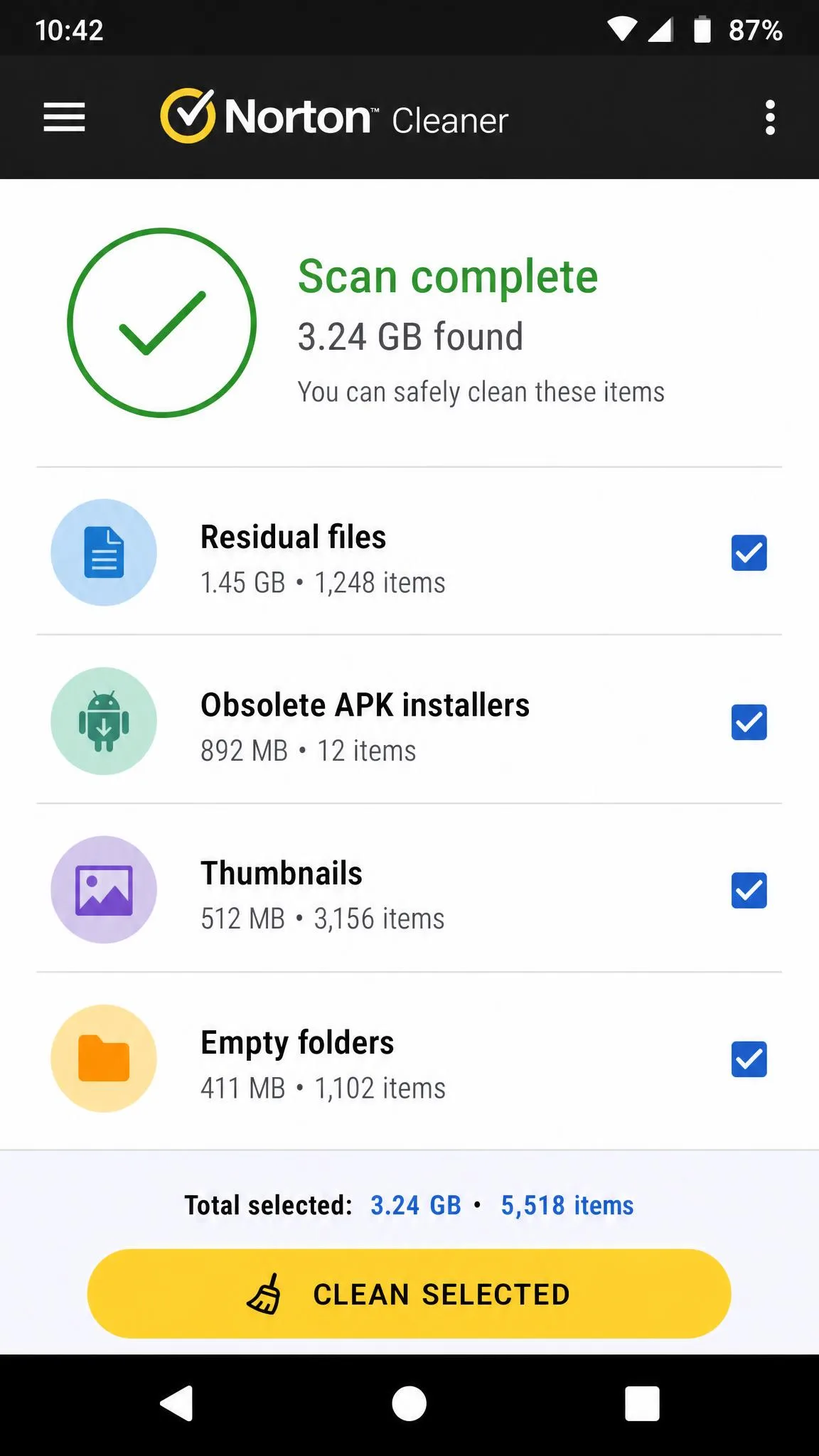 Norton Cleaner scan results on an Android phone listing residual files, obsolete APK installers, thumbnails and empty folders as separate categories with checkboxes.