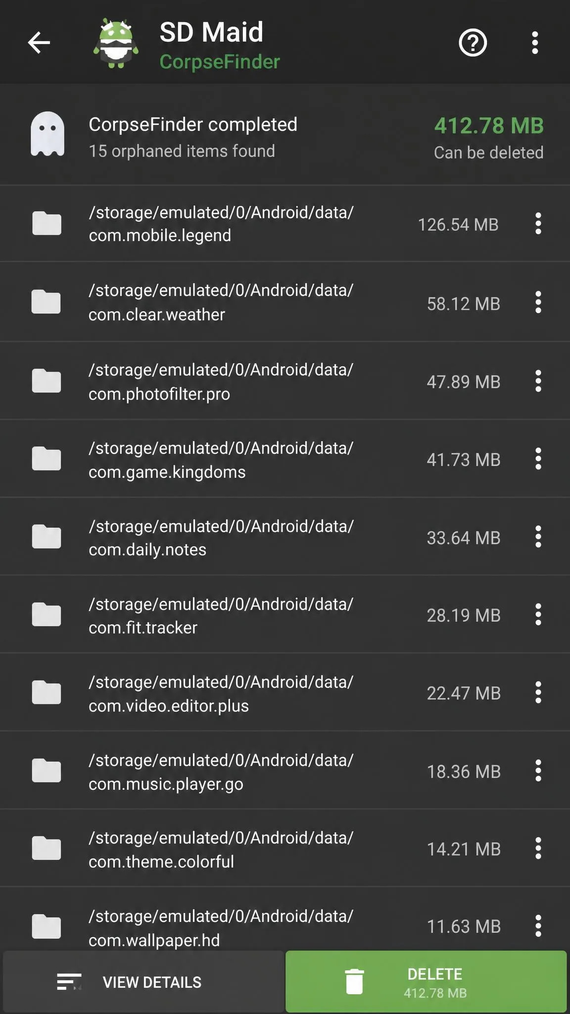 SD Maid CorpseFinder results screen listing orphaned folders left behind by uninstalled Android apps, each row showing a folder path and its size in megabytes.