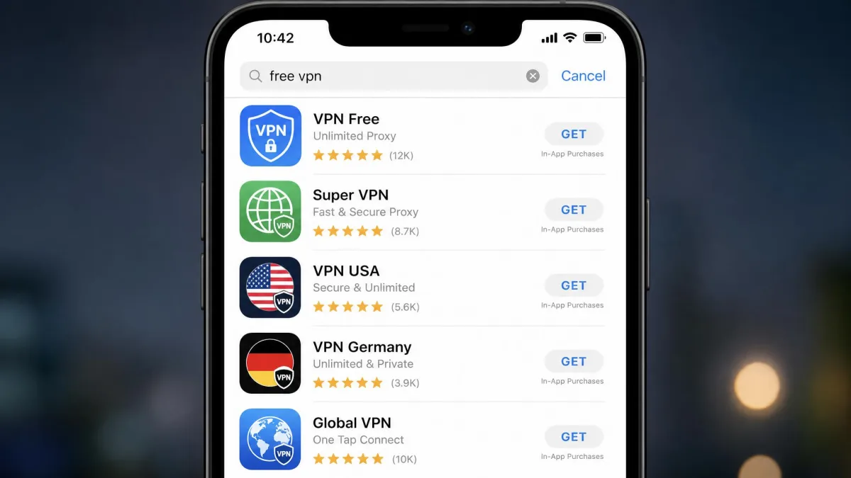 A phone screen showing a search results page of generic free VPN apps in an app store, with flag-style icons, five-star ratings and no identifiable developer names.