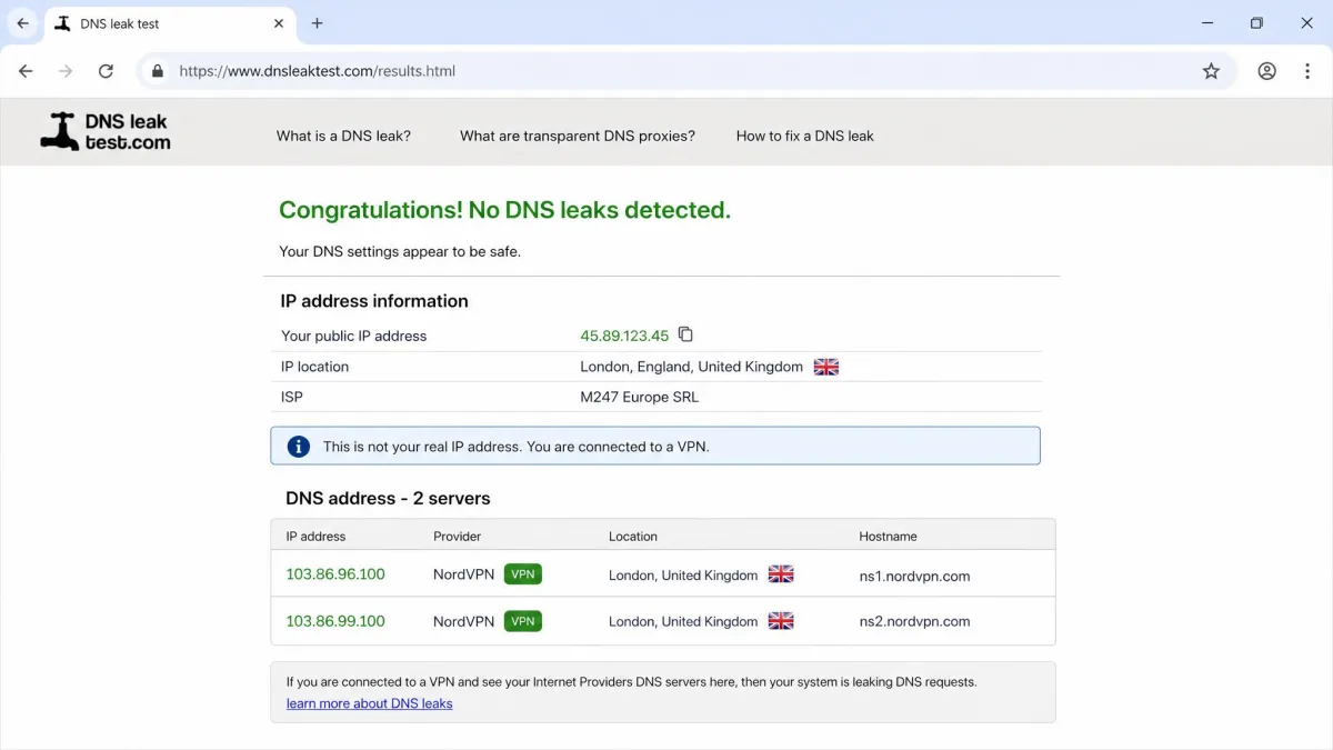 A browser showing a DNS leak test result page with the VPN connected, listing the VPN provider's DNS servers and a changed public IP address rather than the user's own provider.