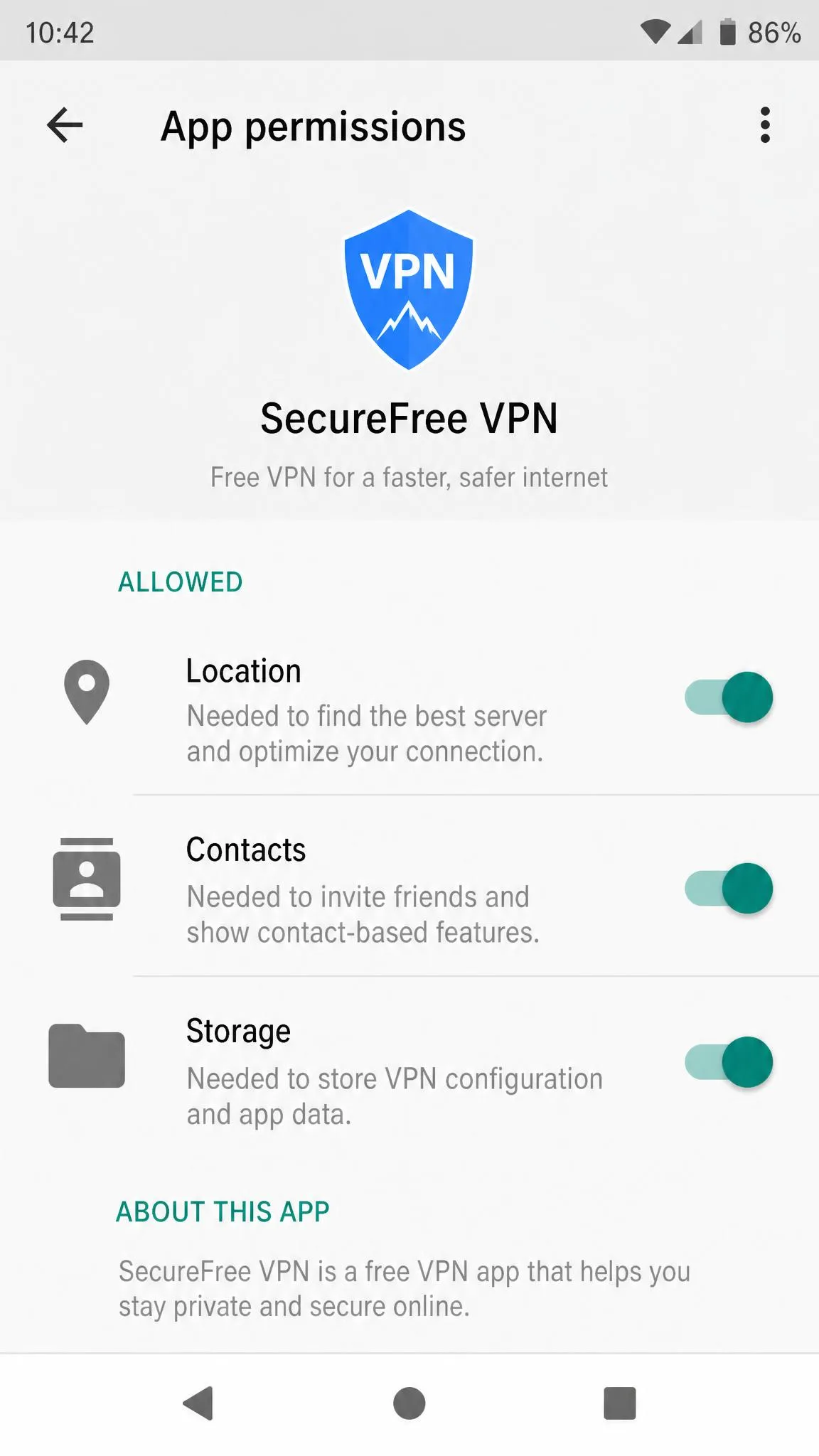 An Android app permissions screen for a free VPN app requesting location, contacts and storage access, with the permission toggles clearly visible.