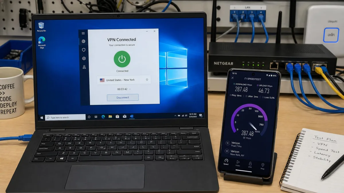 A testing bench with a Windows laptop showing a VPN connection screen and an Android phone beside it running a speed test, with a router and network cables in the background.