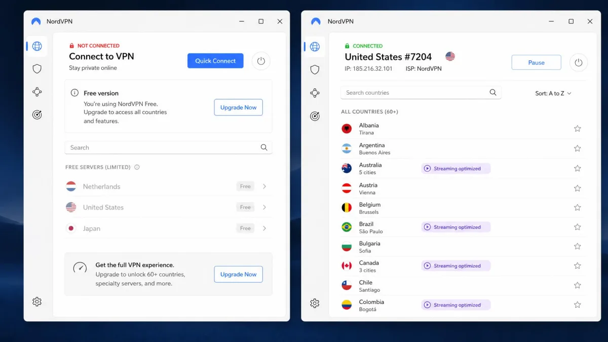 Two VPN app windows side by side, one showing a short greyed-out free server list and the other showing the full paid country list with streaming-optimized servers highlighted.