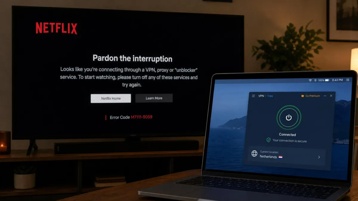 A television screen showing Netflix's proxy detection error message while a free VPN connection sits active in the corner of a laptop screen nearby.