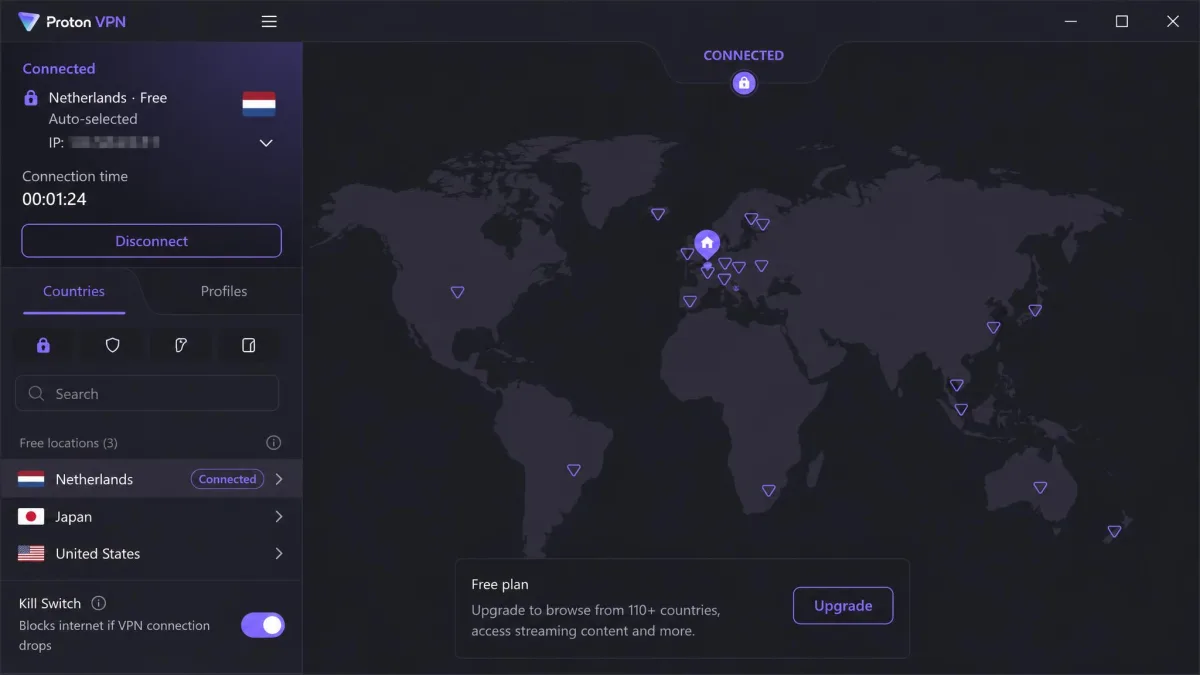 The Proton VPN Windows app connected on the free plan, showing the auto-selected free server, the connection timer and the kill switch toggle in the sidebar.