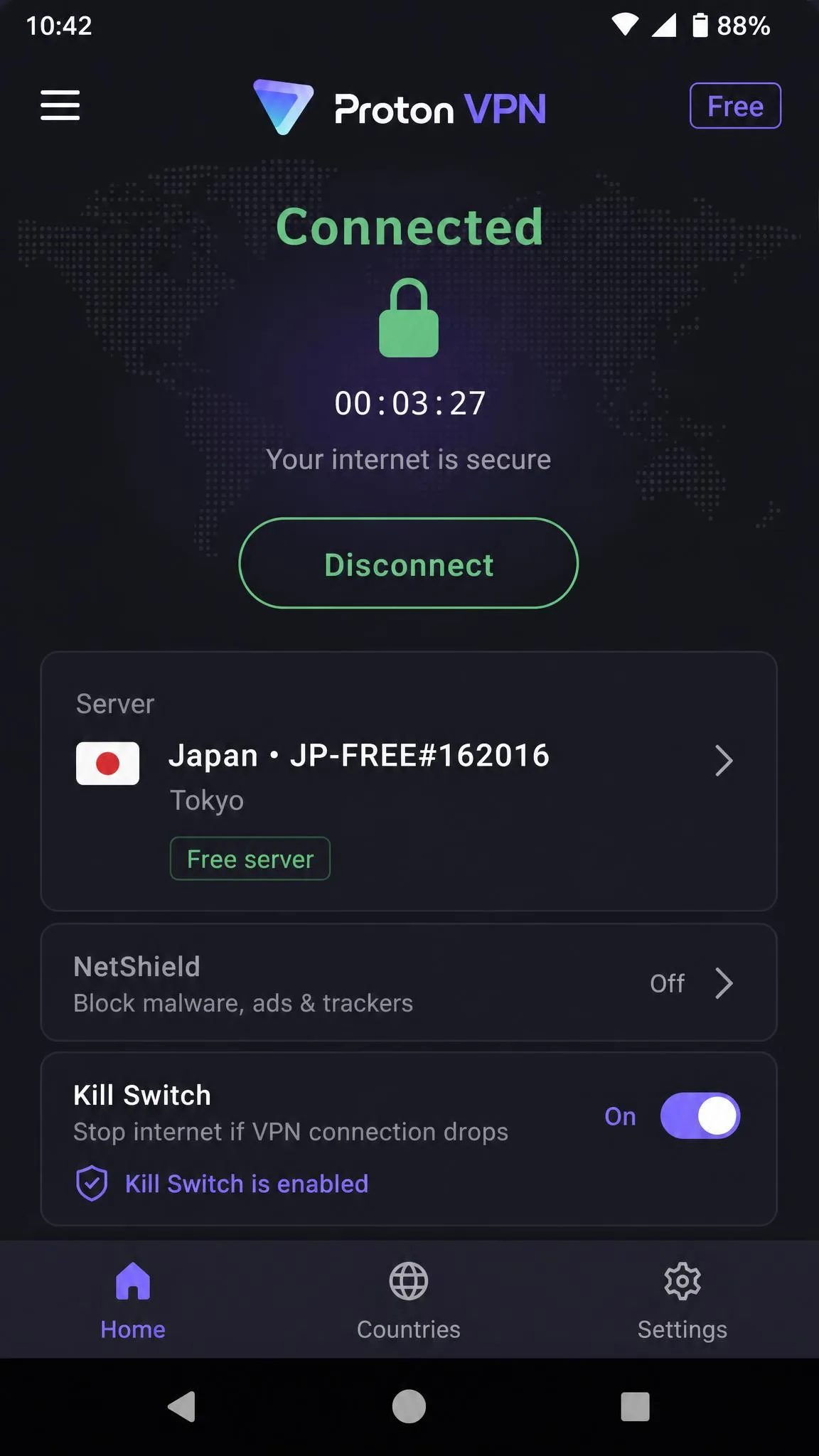The Proton VPN mobile app connected on the free plan on an Android phone, showing the connection timer, the assigned free server and the kill switch enabled.