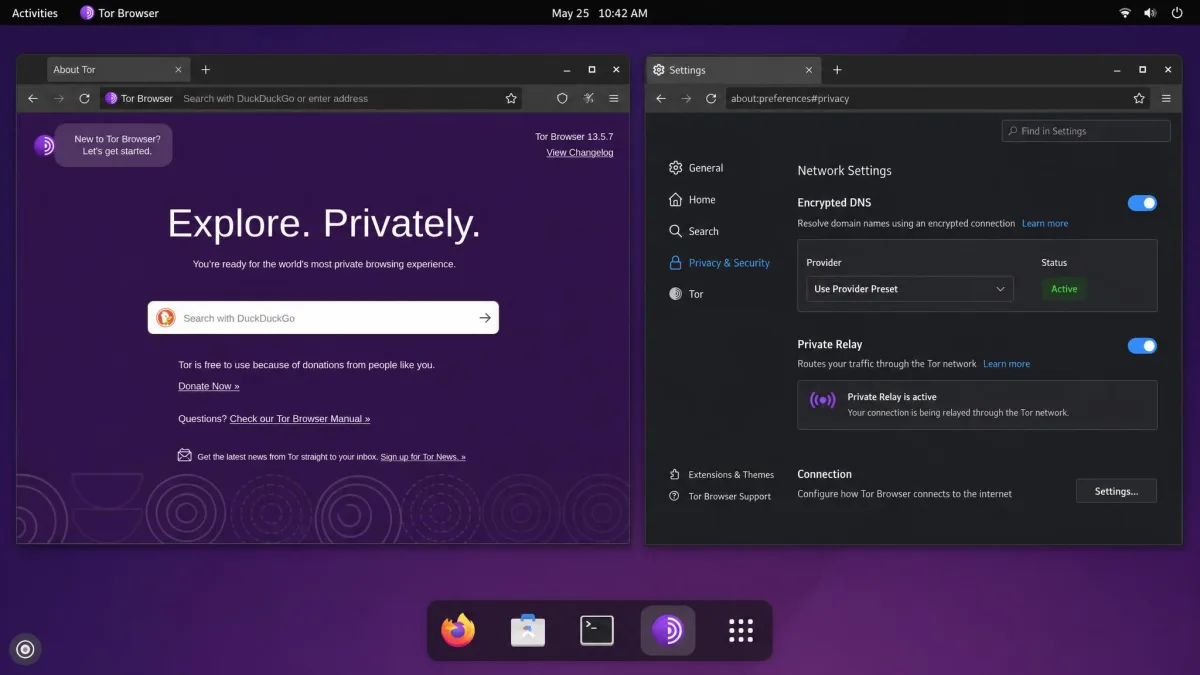 A desktop showing the Tor Browser start page alongside a browser settings panel with encrypted DNS enabled and a private relay toggle switched on.