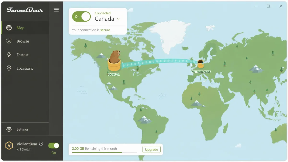 The TunnelBear desktop app showing its world map interface with the tunnel animation, the remaining 2GB free data readout and the VigilantBear kill switch setting visible.