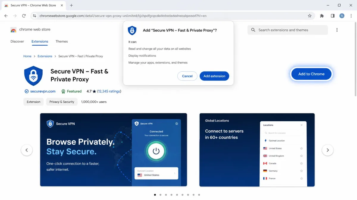Chrome Web Store listing page for a VPN extension with the blue Add to Chrome button highlighted and a confirmation dialog visible.