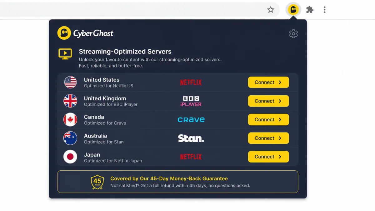 CyberGhost Chrome extension panel listing streaming-optimized server locations with a connect button and a note about the 45-day money-back guarantee.