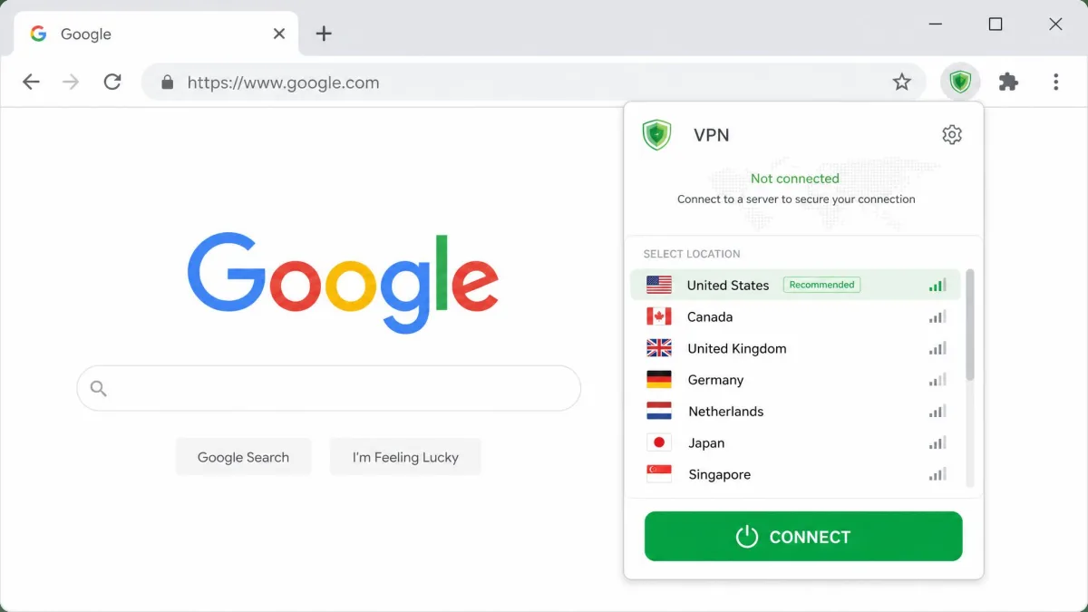 Chrome browser toolbar showing a pinned VPN extension icon with an open connection panel displaying a country server list and a large connect button.