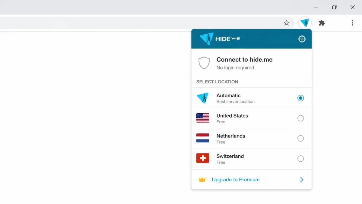 hide.me Chrome extension dropdown showing free server locations including United States, Netherlands, Switzerland, and an Automatic option, with no login required.