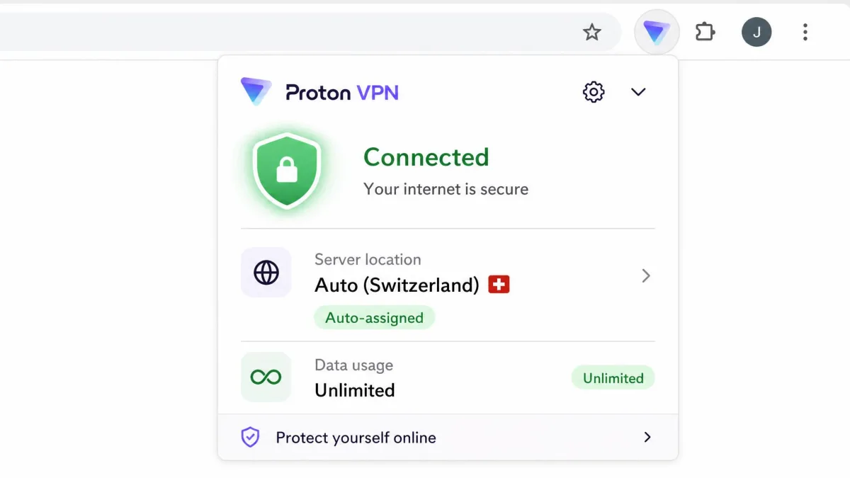 Proton VPN Chrome extension panel showing a connected status with a green shield, an auto-assigned server location, and an unlimited data label.