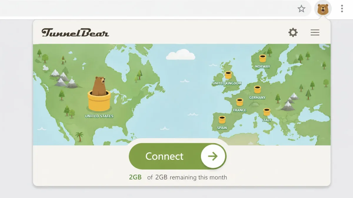 TunnelBear Chrome extension with its playful bear-themed map interface and a single large connect toggle showing 2GB of remaining monthly data.