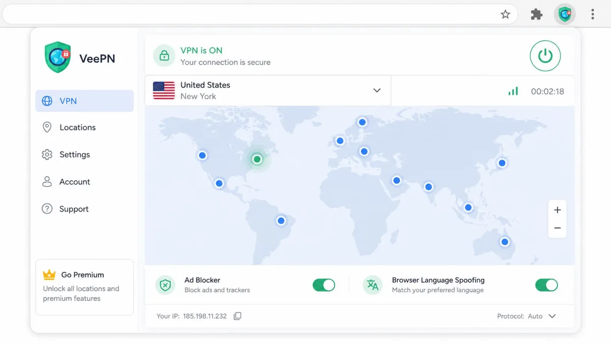 VeePN Chrome extension showing a world map with selectable country servers and toggles for ad blocking and browser-language spoofing.