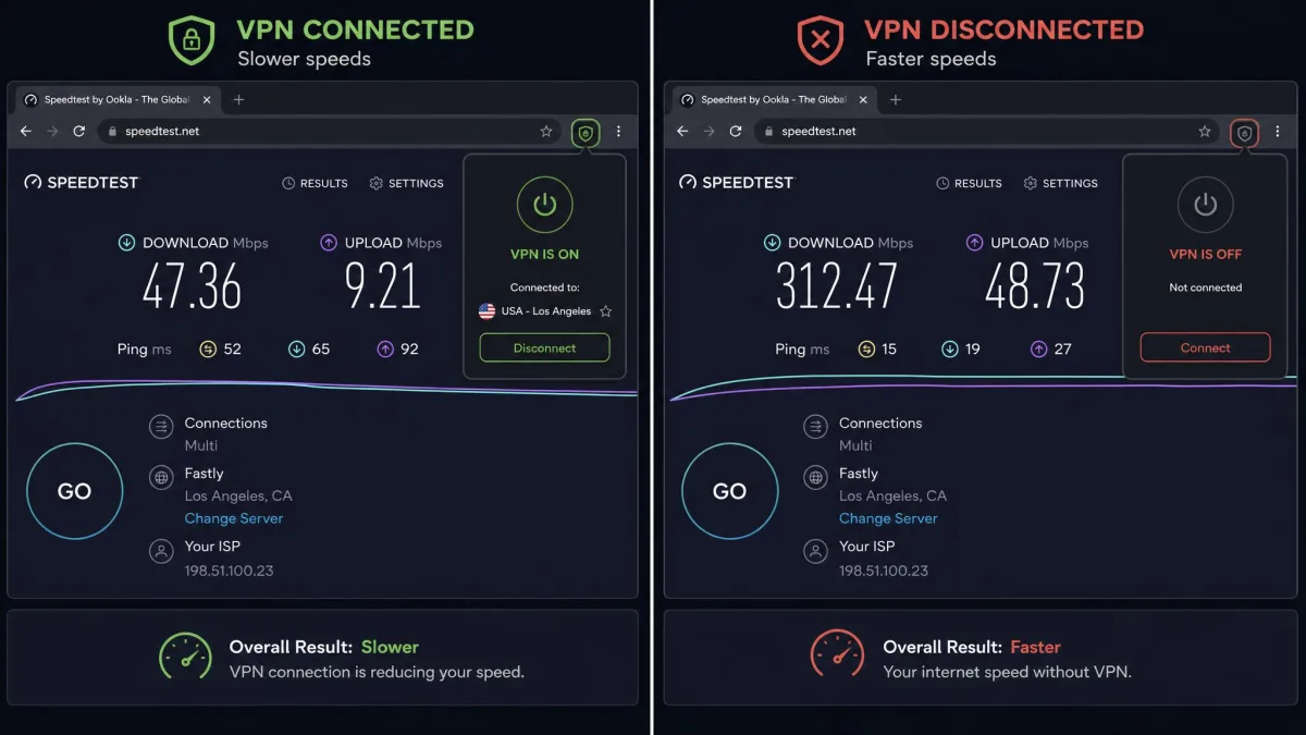 Split-screen speed test comparison in Chrome showing download and upload results with a VPN extension connected versus disconnected.