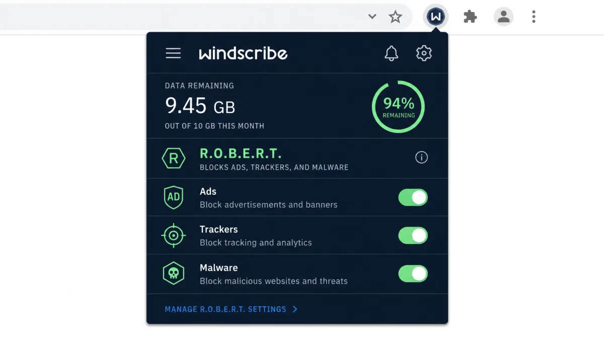 Windscribe Chrome extension showing the R.O.B.E.R.T. blocker settings with toggles for ads, trackers, and malware alongside the remaining monthly data allowance.