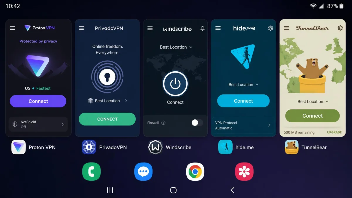 Five free VPN Android apps (Proton VPN, PrivadoVPN, Windscribe, hide.me, TunnelBear) shown side by side on a phone home screen, each open to its connect button.